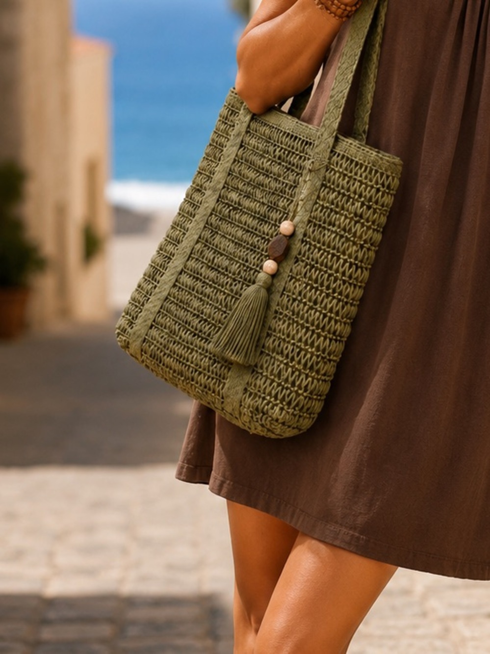 Olive Green Woven Tassel Tote Bag | Boho Beach Vacation Shoulder Bag